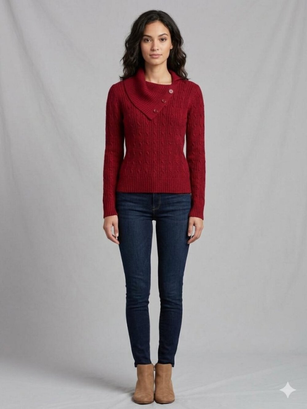 BB Essential Size Small Burgundy Cowl Neck Cable Knit Sweater